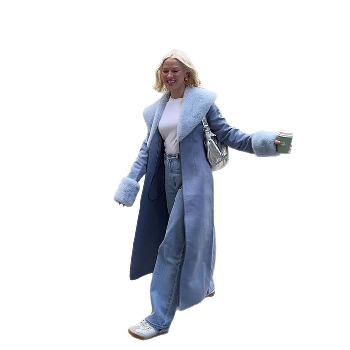 Women Elegant long-cut coat made of velour look with voluminous faux fur shawl collar Amarae