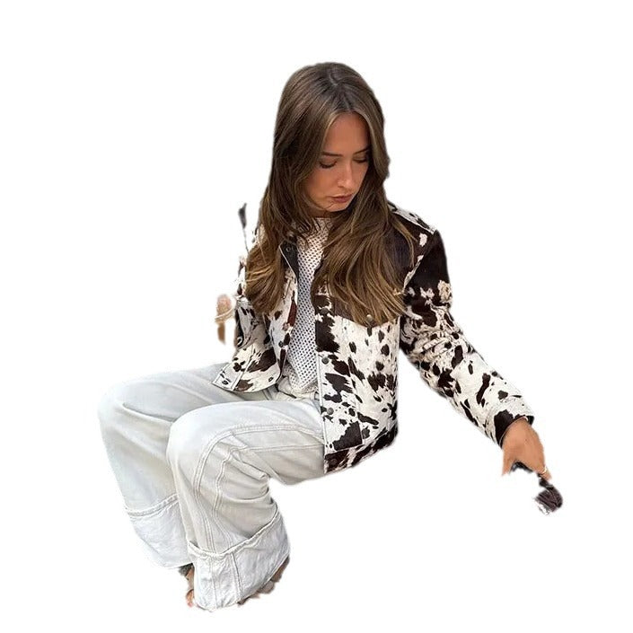 Ladies short-cut western trucker jacket with cow spot look and applied chest pockets Amarae