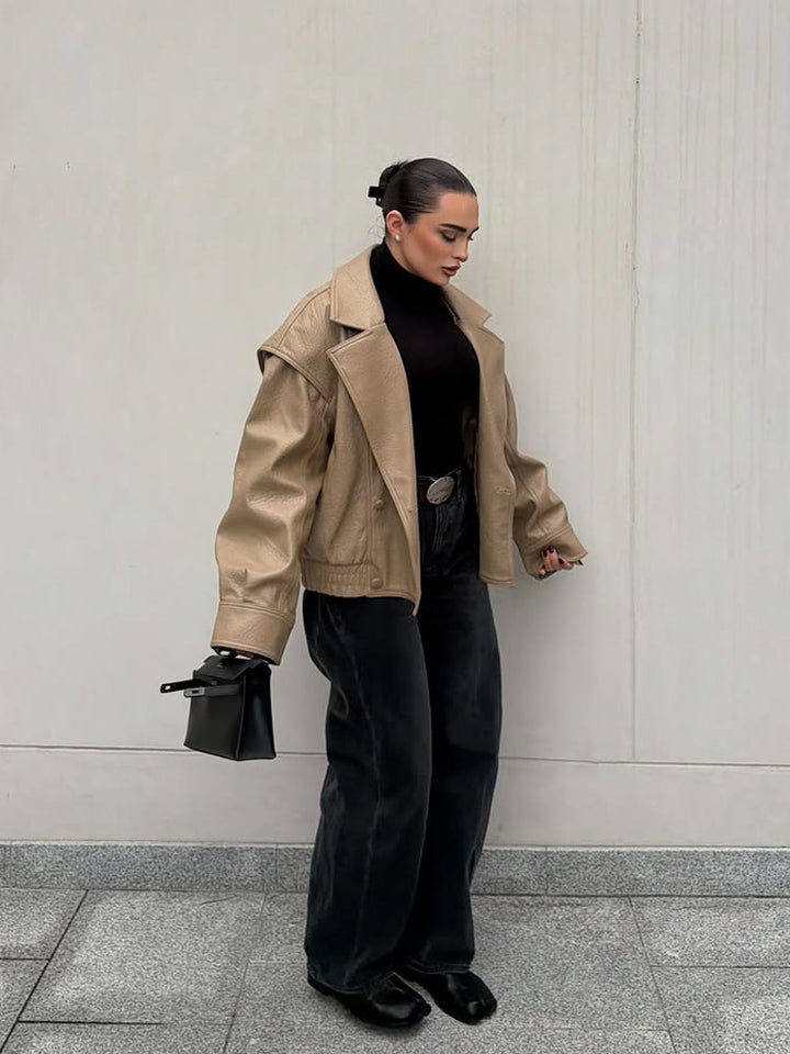 Women Oversize Faux Leather Bomber Jacket with Boxy Cut and Wide Lapel Amarae