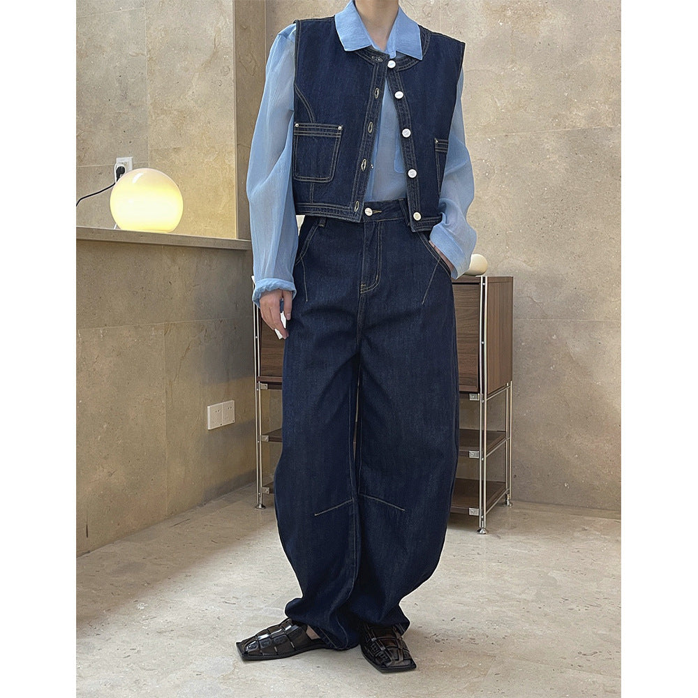 Women's Short Boxy Denim Vest with Contrast Stitching and Patch Pockets Amarae