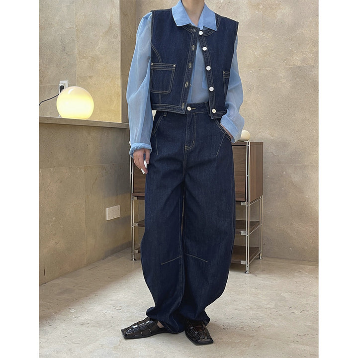 Women's Short Boxy Denim Vest with Contrast Stitching and Patch Pockets Amarae