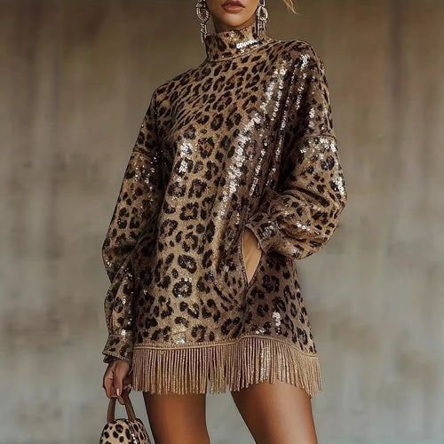 Women Glittering Short Dress with Leopard Pattern and Fringes Chic & Stil
