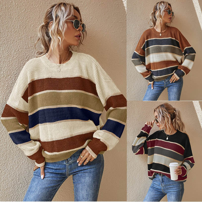 Damen Oversize-gestreifter Strickpullover mit Rundhalsausschnitt und lässigen Ballonärmeln Drune