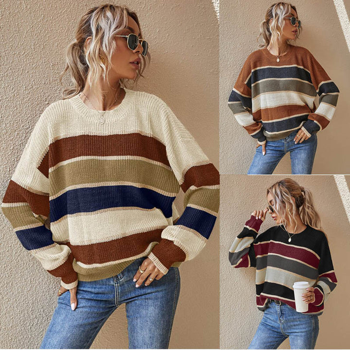 Damen Oversize-gestreifter Strickpullover mit Rundhalsausschnitt und lässigen Ballonärmeln Drune