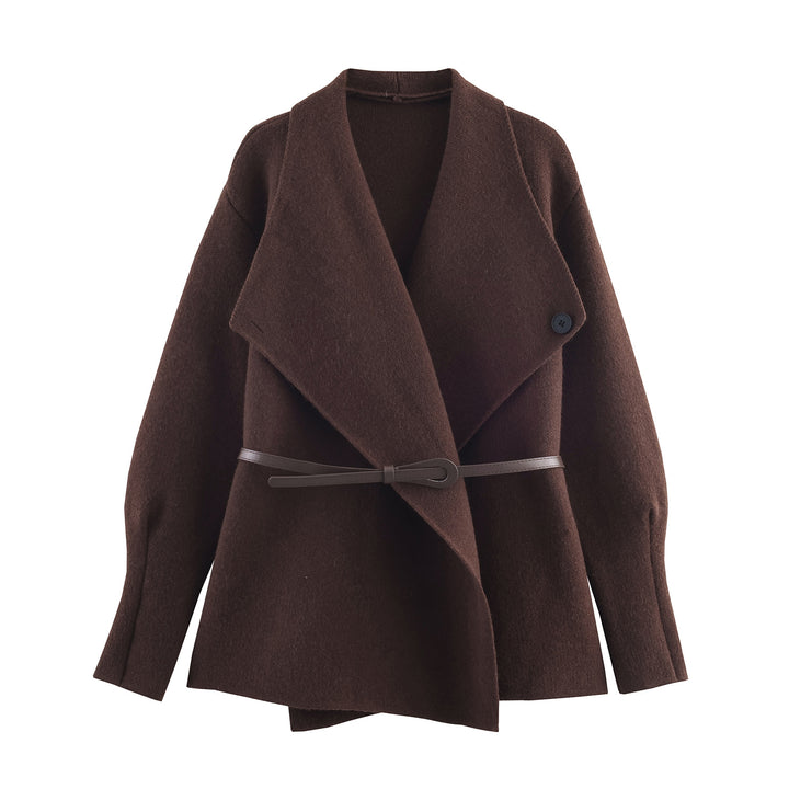 Women's Short Cut Wool Blend Cardigan Coat with Wide Shawl Collar and Narrow Tie Belt Amarae