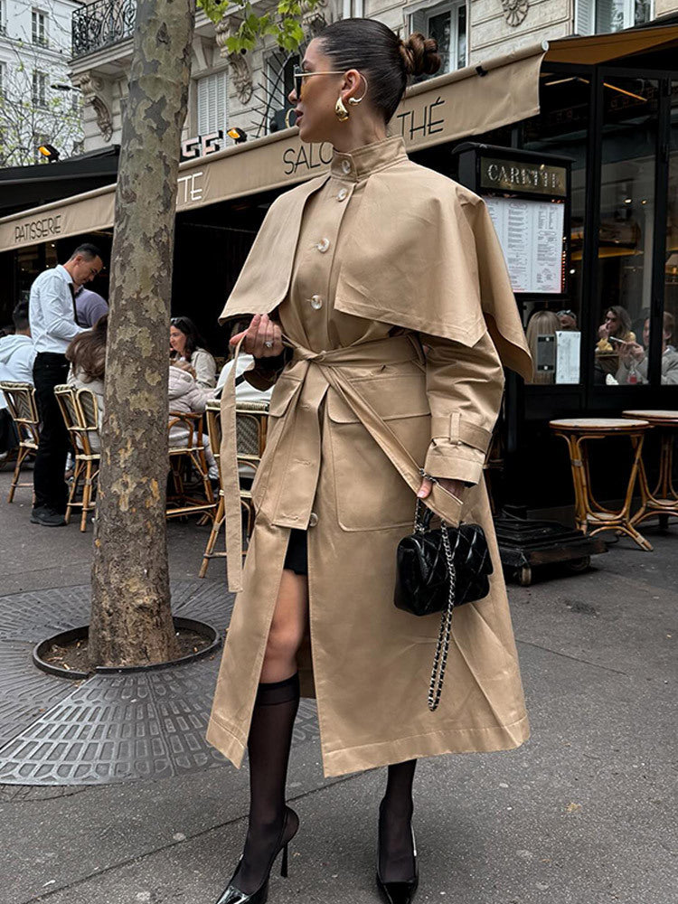 Women Long Trench Coat with Capelet, Waist Belt and Storm Collar Amarae