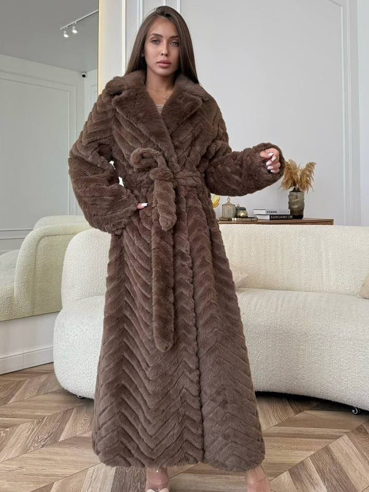 Women's Maxi Faux Fur Coat with Hood and Chevron Quilting Amarae