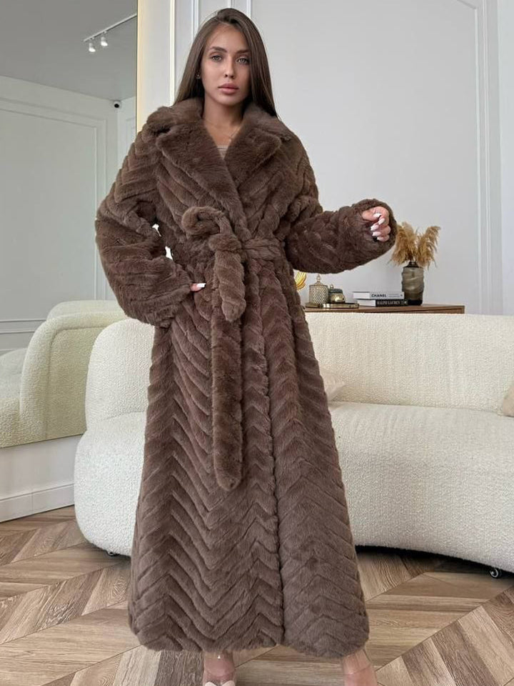 Women's Maxi Faux Fur Coat with Hood and Chevron Quilting Amarae
