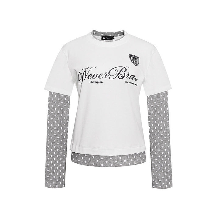 Women's Layered Long Sleeve Shirt with Polka Dot Inner Layer and Calligraphic Statement Print Amarae