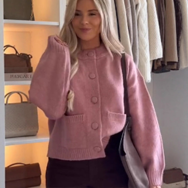 Women's Chunky Knit Cropped Cardigan with Round Snap Buttons and Oversized Sleeves Amarae