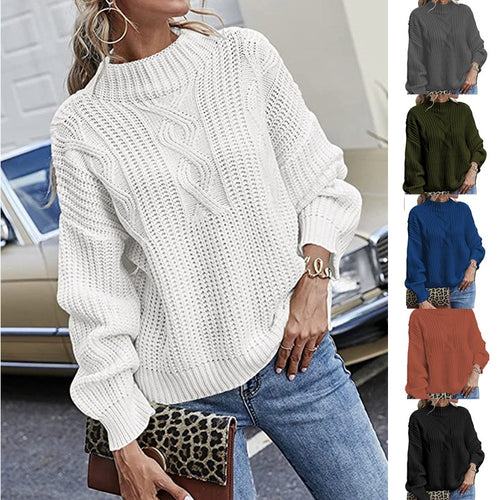 Chunky knit sweater for women with cable design and high collar Amarae