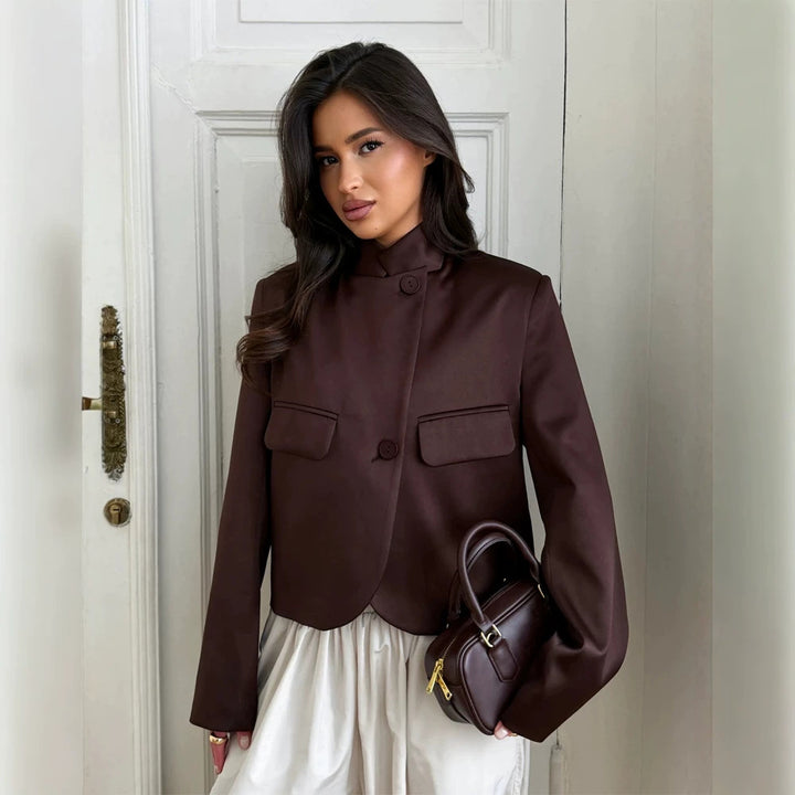 Ladies Satin Cropped Blazer with Mandarin Collar, Flap Pockets and Curved Hem Amarae