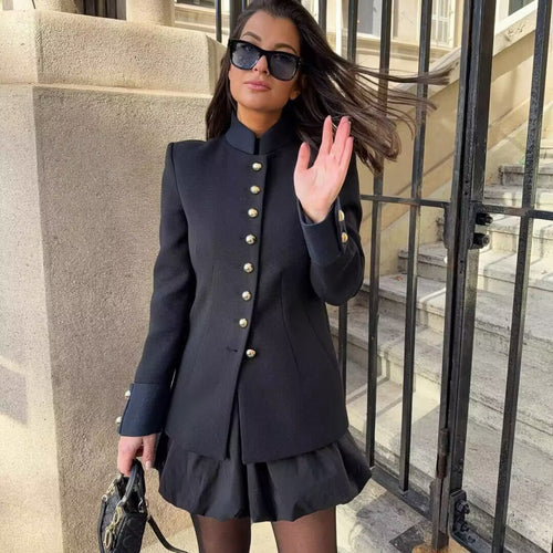 Elegant women's jacket with high collar and gold button details Amarae