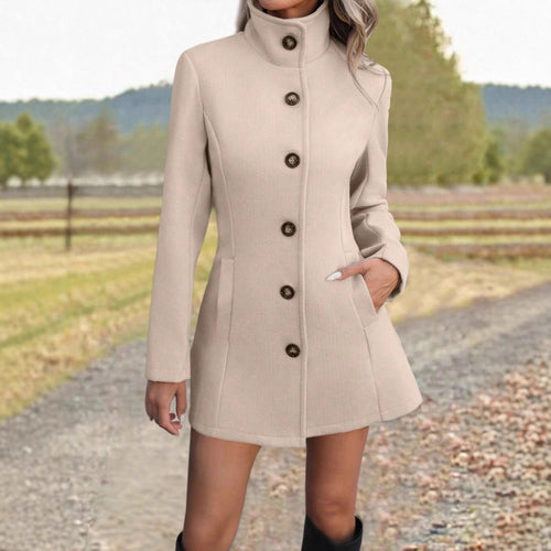 Women's wool coat with high collar and elegant button details Amarae