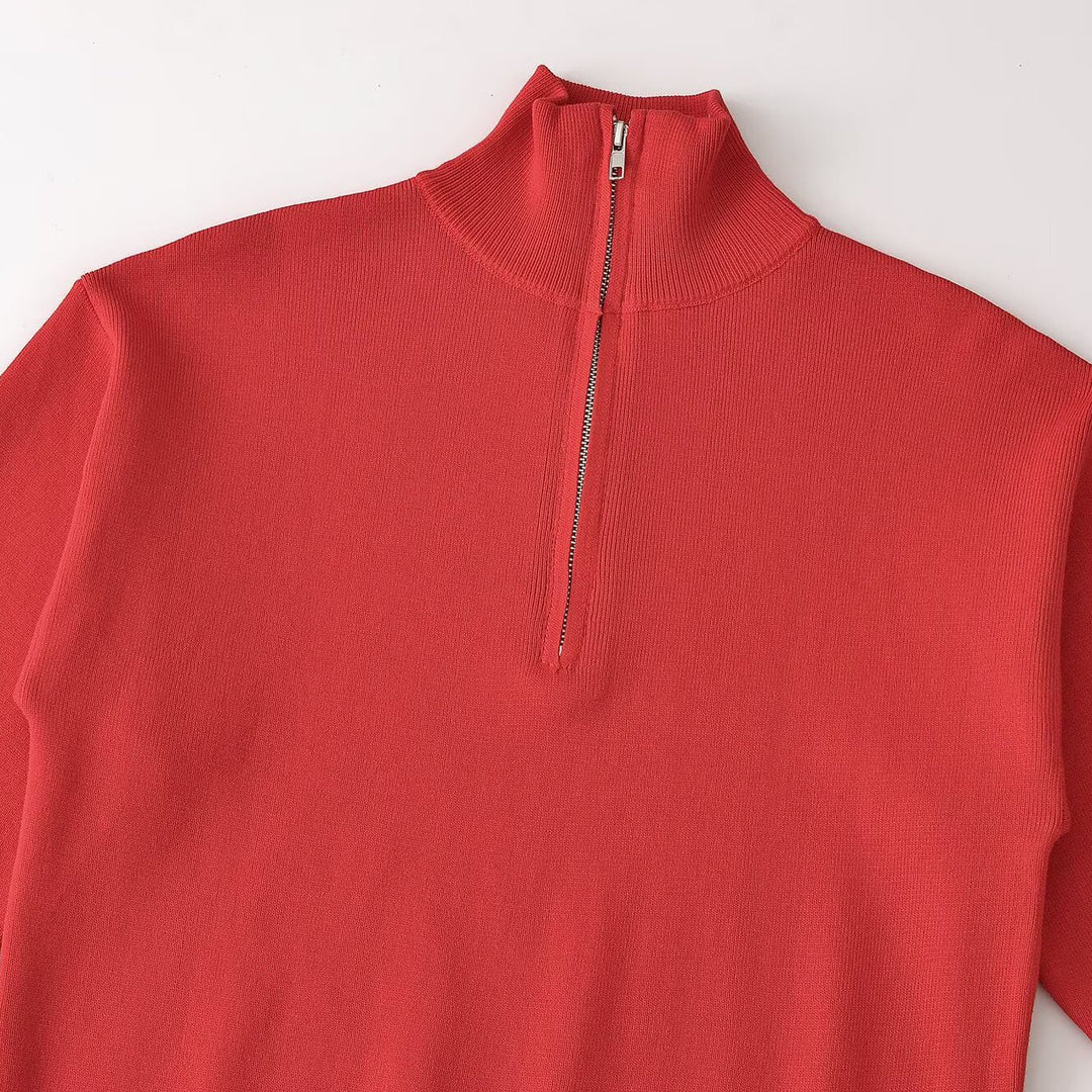 Women's Relaxed Half-Zip Fine Knit Sweater with Stand Collar and Dropped Shoulder Amarae