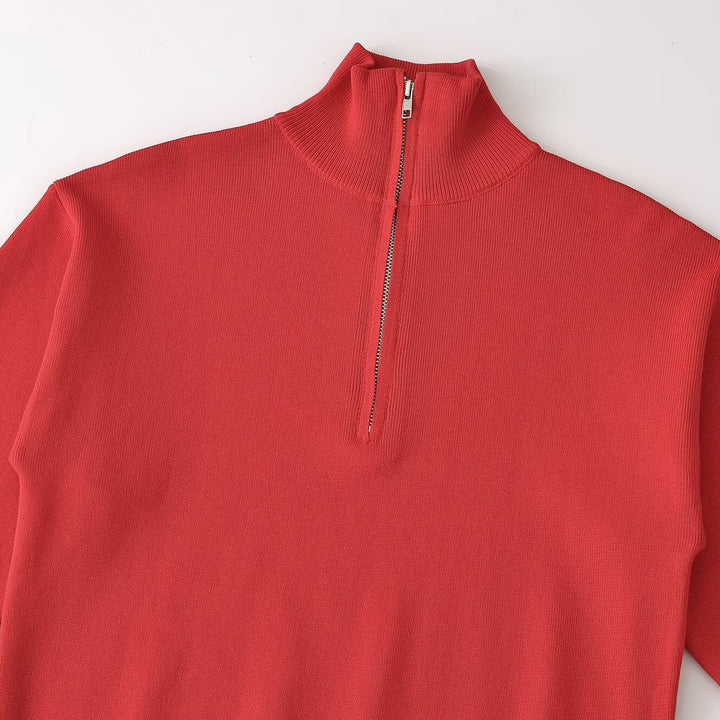 Women's Relaxed Half-Zip Fine Knit Sweater with Stand Collar and Dropped Shoulder Amarae
