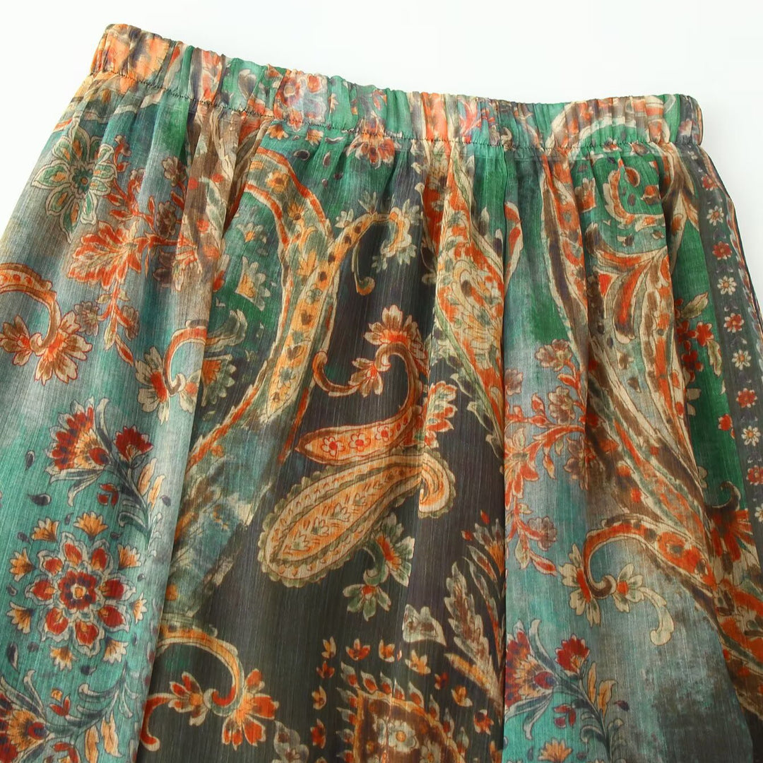 Women's Flowing Maxi Skirt with Paisley Print and Elastic Waistband Amarae