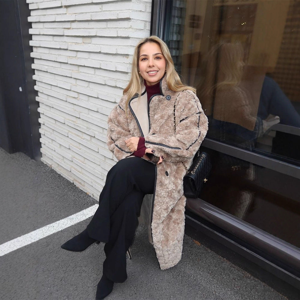 Women's Long Teddy Coat with Contrast Seams, Stand Collar and Button Placket Amarae