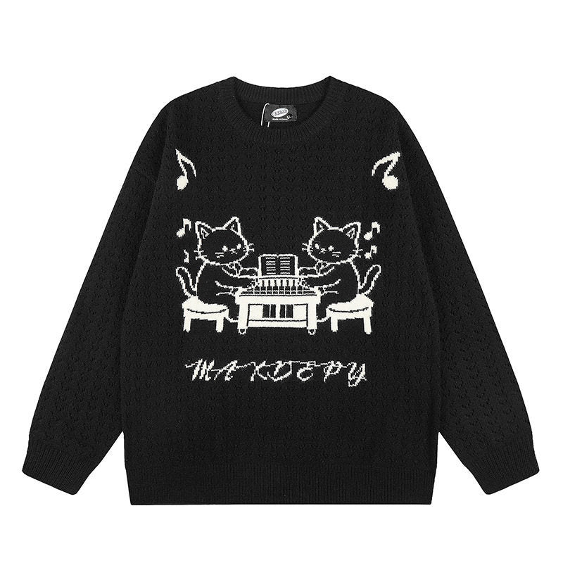 Women's Oversize Knit Sweater with Jacquard Cat Motif and Musical Design Amarae
