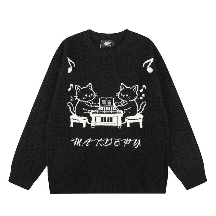 Women's Oversize Knit Sweater with Jacquard Cat Motif and Musical Design Amarae