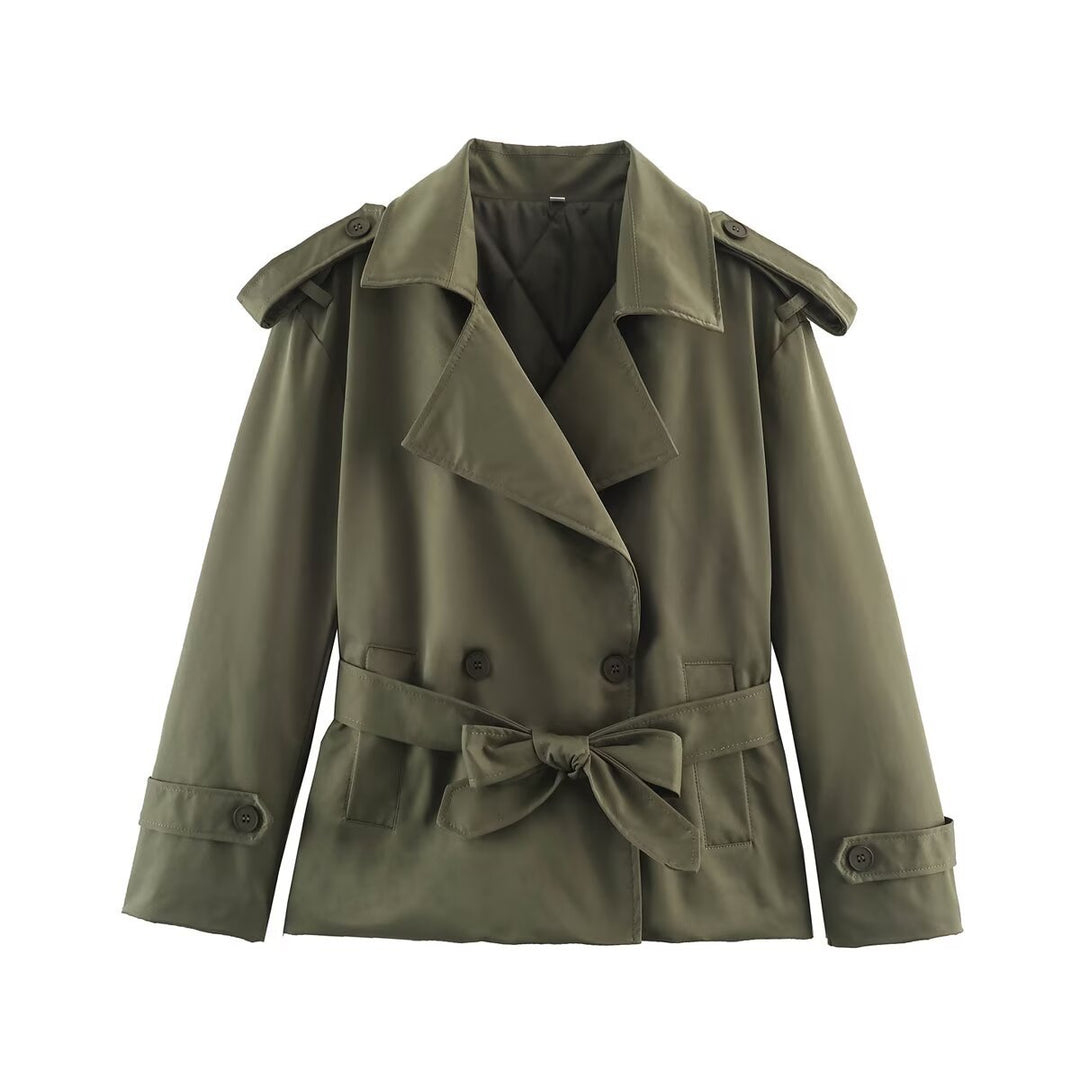 Women's Tailored Short Trench Coat with Tie Belt and Shoulder Patches Amarae