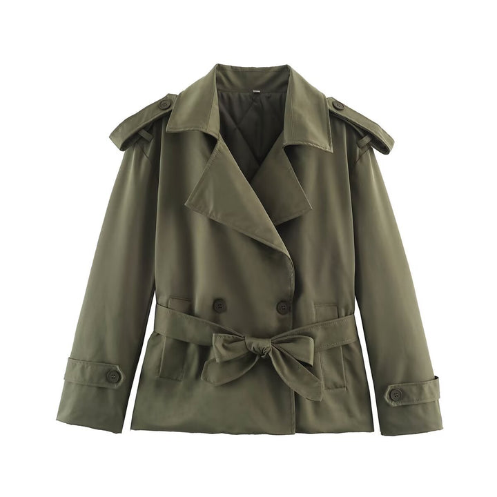 Women's Tailored Short Trench Coat with Tie Belt and Shoulder Patches Amarae