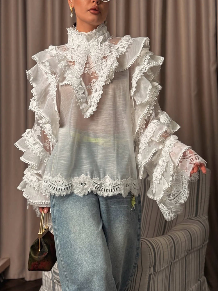 Women's Transparent Lace Blouse with Ruffle Sleeves and High Stand Collar Amarae