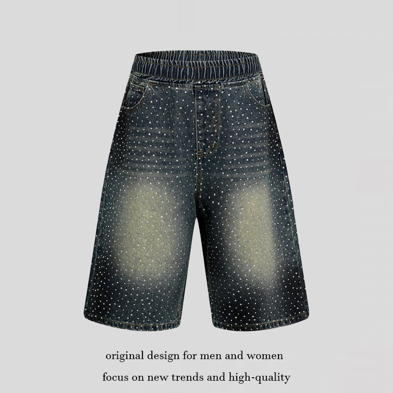 Women's high-waisted denim culotte shorts with comfort waistband and subtle polka dot pattern Amarae