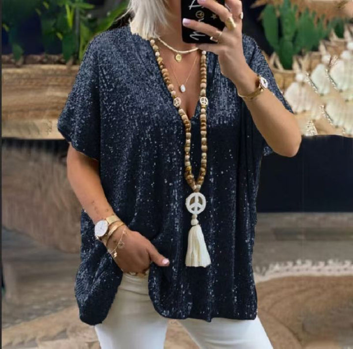 Ladies Sparkling Top with Elegant V-Neck and Light Cut Lune London