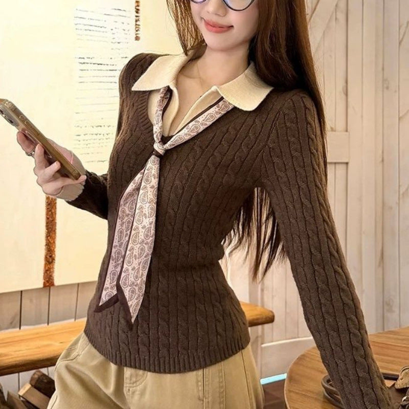 Pull en tricot à côtes pour femmes avec col chemise et cravate Chic & Stil