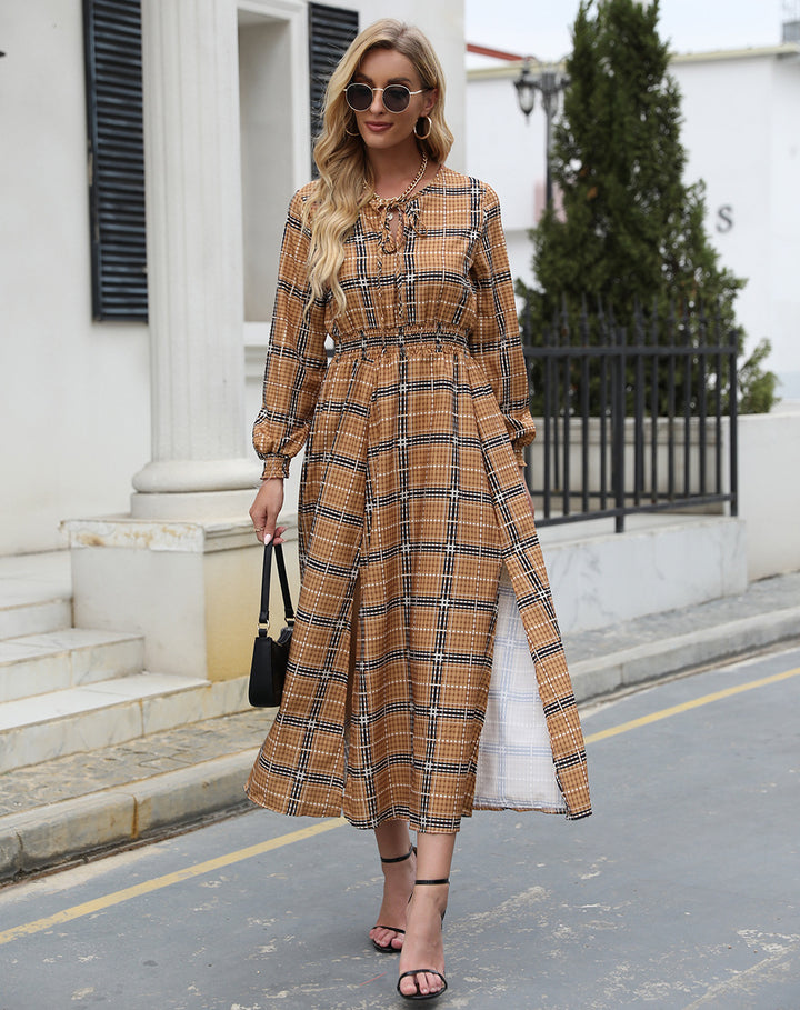 Plaid pattern maxi dress for women with a waist belt and ruffles Lune London