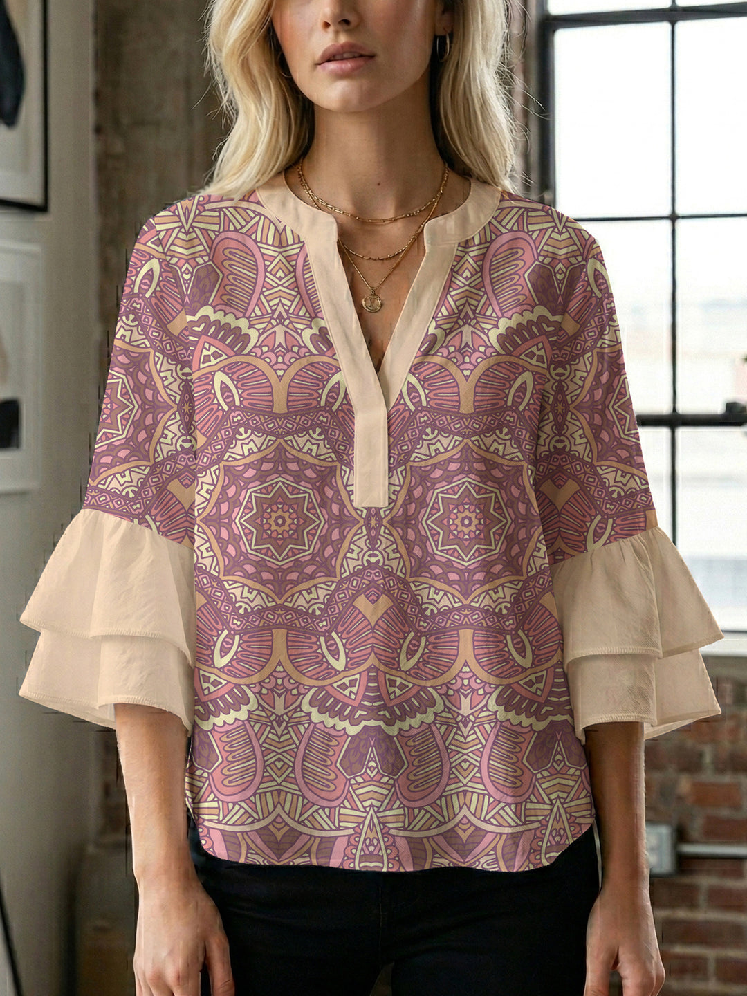 Ladies elegant blouse shirt with voluminous puff sleeves and graphic floral design Lune London