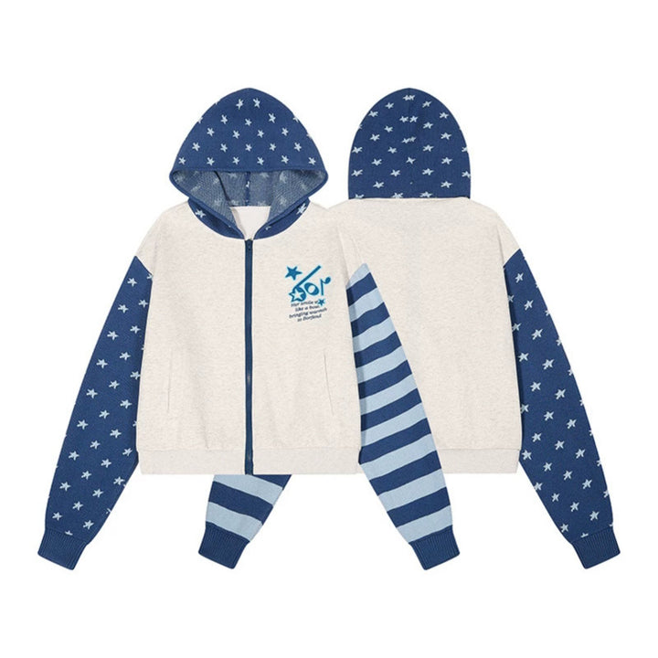 Women’s cropped hooded sweatshirt jacket with full zip, patterned sleeves and star motif Amarae