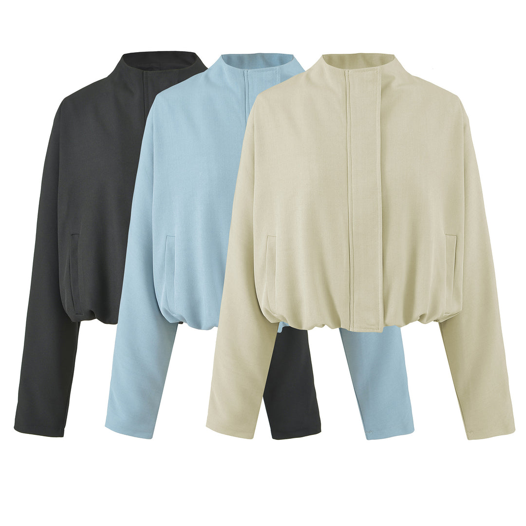 Women's Cropped Cape Blouson with Stand-Up Collar, Concealed Placket, and Elastic Hem