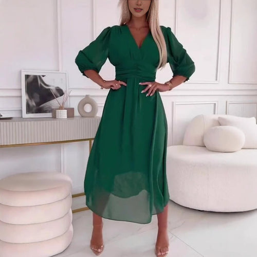 Woman Chic and Stylish V Neck Fluid Maxi Dress