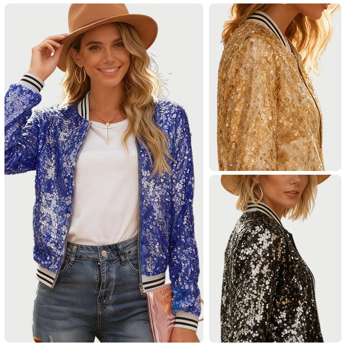 Women's Glittering Sequined Bomber Jacket with Contrasting Stripes Amarae