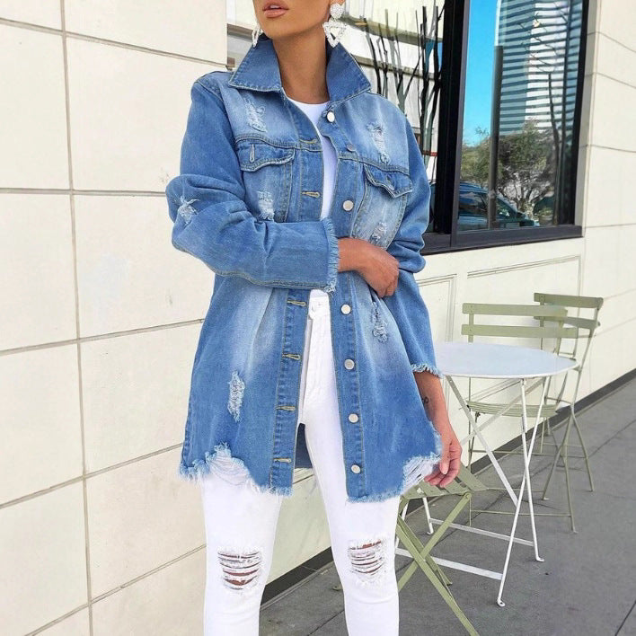 Women's Oversized Denim Jacket with Destroyed Details, Fringed Hem and Concealed Button Placket Amarae