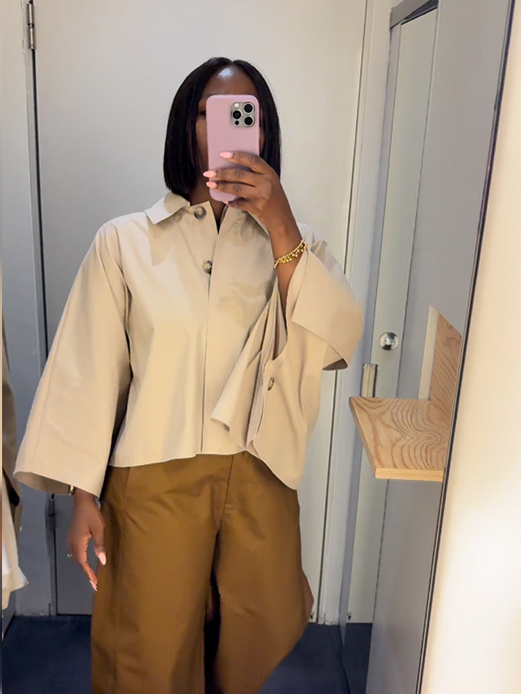 Women's Boxy Cropped Shirt Blouse with Wide Batwing Sleeve and Fine Tuck Amarae
