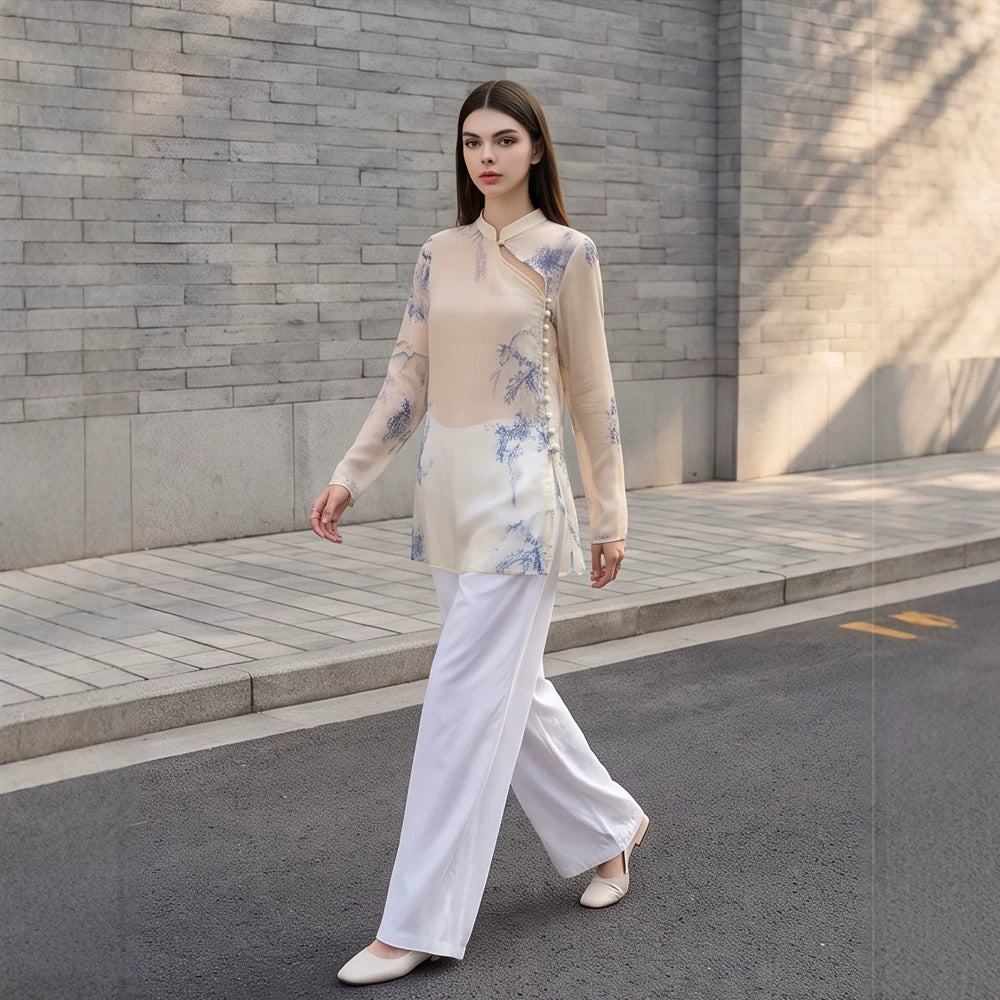 Women's Transparent Chiffon Blouse with Mandarin Collar, Asymmetrical Button Placket & Floral Print Amarae