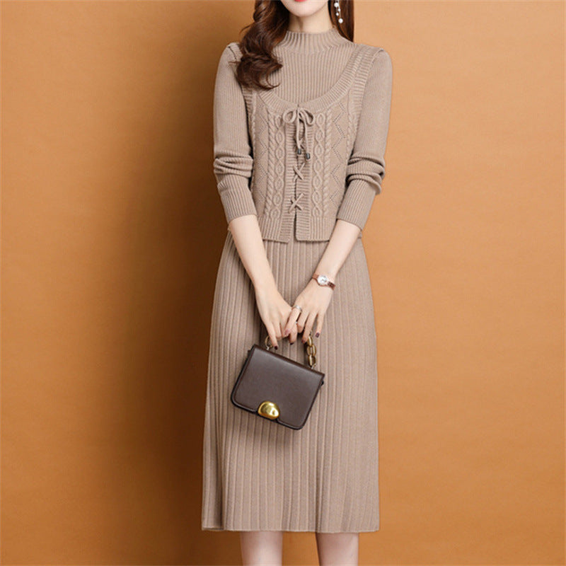 Elegant knitted dress for women with high collar and decorative braid design Lune London