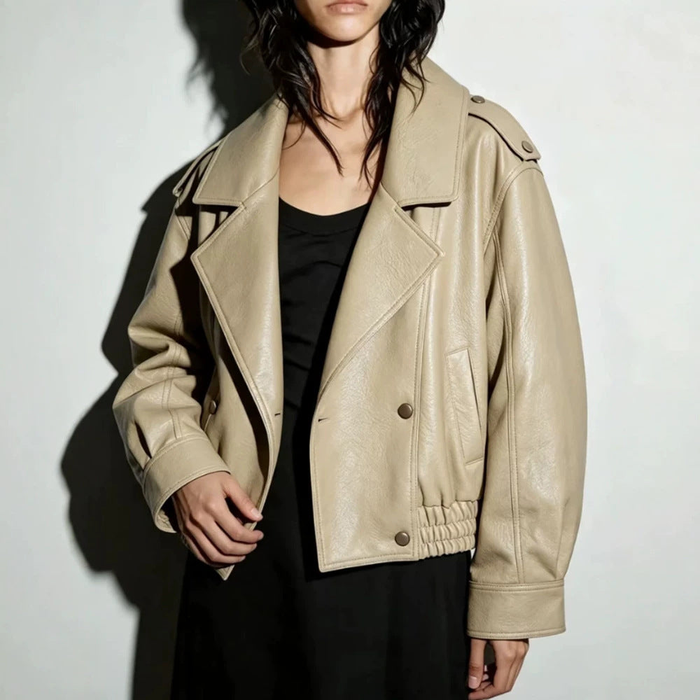 Women's Oversize Faux Leather Blouson with Double-Breasted Button Placket, Wide Lapels, and Elastic Hem Amarae