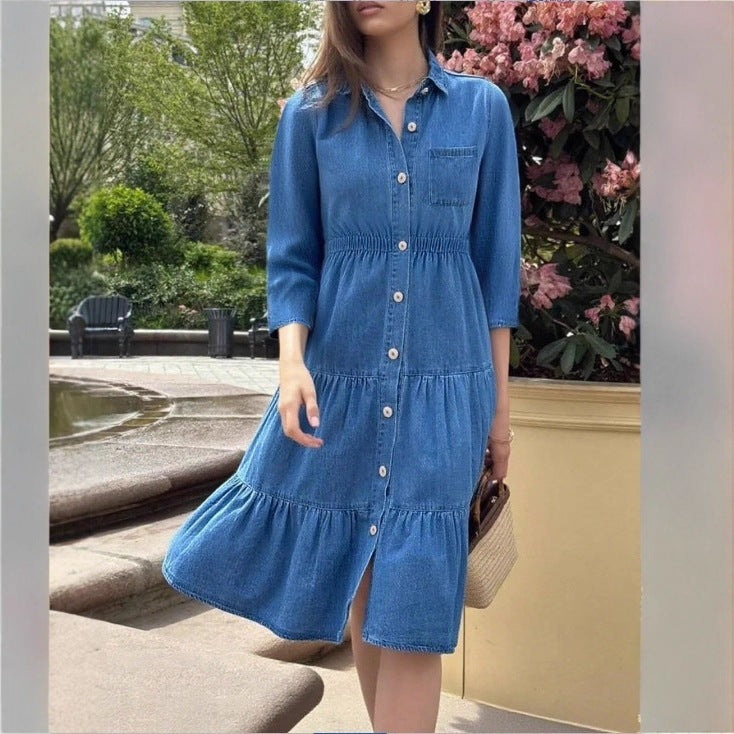 Women's button-down shirt dress made of denim with a waist-defining elastic band, button placket & tiered skirt Amarae