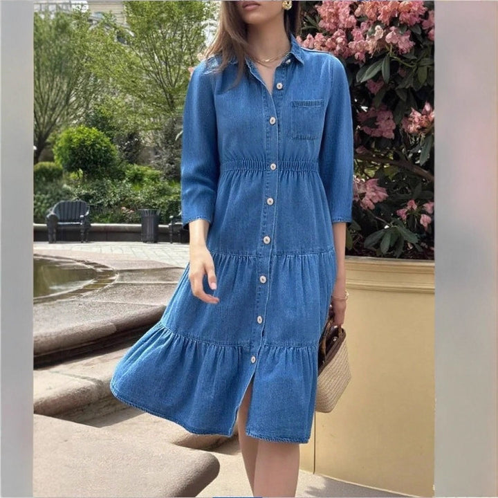 Women's button-down shirt dress made of denim with a waist-defining elastic band, button placket & tiered skirt Amarae