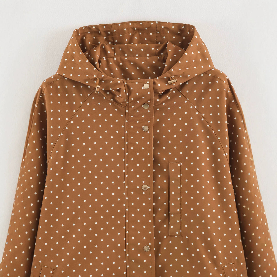 Women's Lightweight Water-Repellent Hooded Jacket with Polka Dot Pattern and Snap Button Placket Amarae