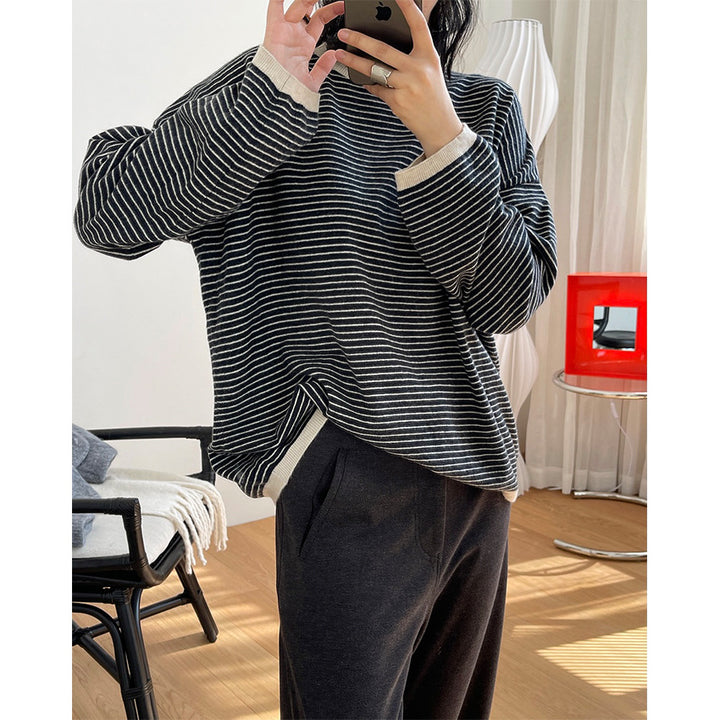 Women's Striped Fine Knit Sweater with Dropped Shoulder and Ribbed Collar Amarae