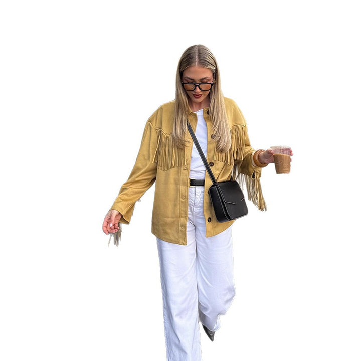 Women’s Oversize Fringe Jacket in Western Style made of Suede-Look with Shirt Collar Amarae