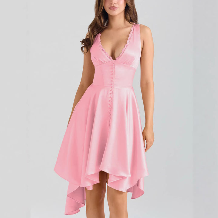 Women Playful Evening Dress with Asymmetrical Hem and Delicate Button Details Lune London