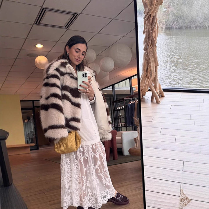 Women Striped Oversize Faux Fur Coat with Short Boxy Cut Amarae