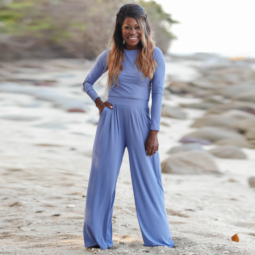 Women's Casual Wide Leg Jumpsuit with Long Sleeves and Convenient Pockets Lune London