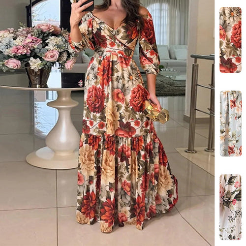 Robe maxi florale pour femmes avec design décolleté et ourlet à volants Chic & Stil